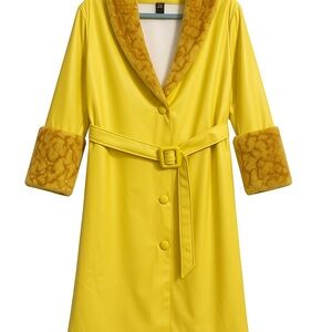 SHEIN Yellow Trench Coat with Faux Fur Trim